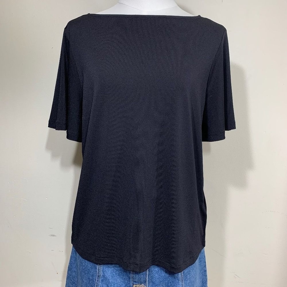 H&M Black Short Sleeve Blouse Women's Size S Boat‎ Neck Stretchy Polyester Top